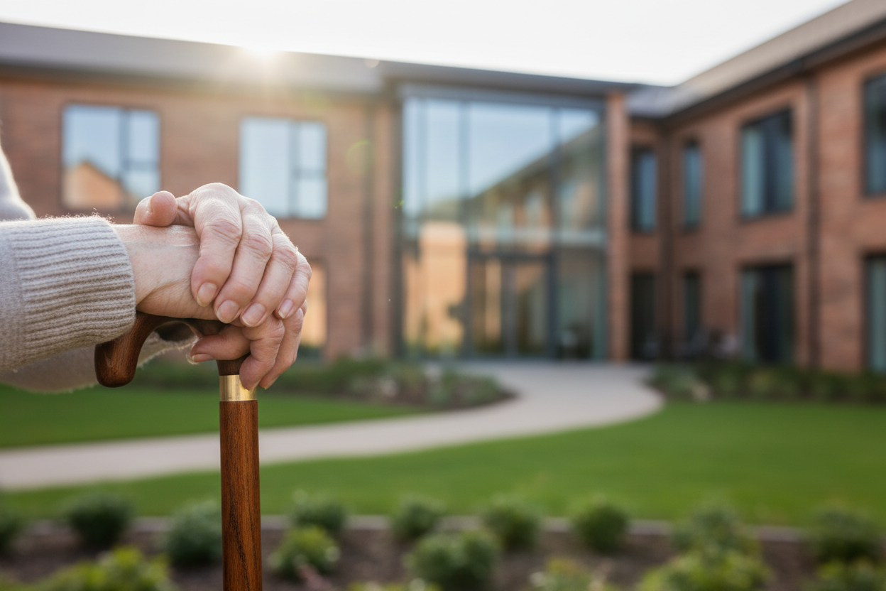 elderly care, old woman hands on a stick, on the background a welfare institution